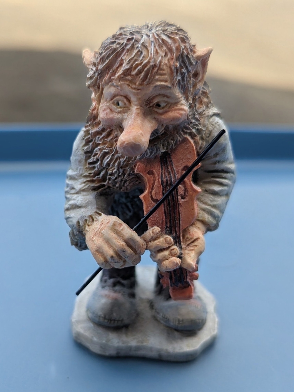Handcrafted Miniature Troll Musician Figurine in Brown and Tan
